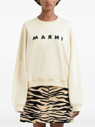Marni ivory cotton logo sweatshirt with dropped shoulders and extra-long sleeves. A soft, relaxed layer for everyday wear, available at our Lisbon store.