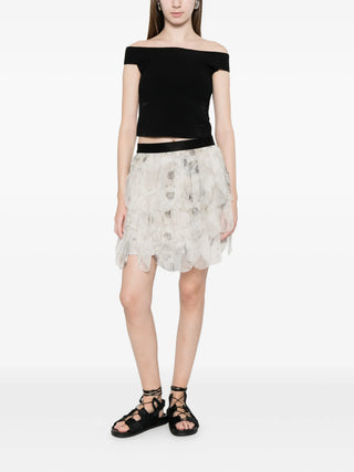 Max Mara grey layered short skirt with elasticated waist. Modern and refined. Available at our Lisbon store.