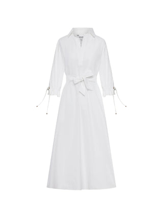 Max Mara white cotton dress with ruffled cuffs and tie waist. Elegant and timeless. Available at our Lisbon store.