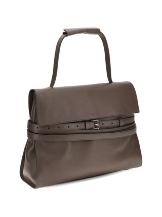 Moschino brown top-handle bag with buckle fastening for a compact, everyday carry. A refined daily accessory, available at our Lisbon store.