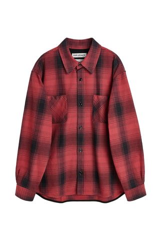 Our Legacy Ranch check-pattern shirt. Red cotton, classic collar, front button fastening, two chest pockets, and a curved hem. Available at our Lisbon store.