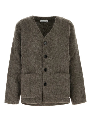 Our Legacy oversized cardigan in mole grey with hairy texture and V-neck. A relaxed essential, available at our Lisbon store.
