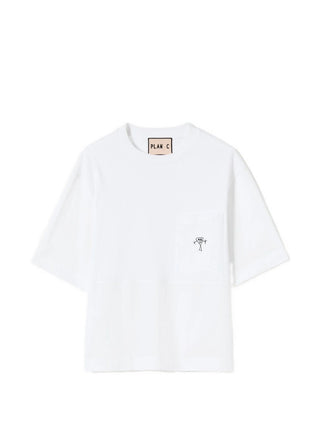 White short-sleeve t-shirt with a small logo by Plan C.