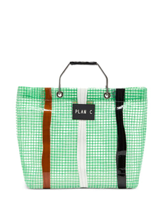 Plan C green striped grid tote bag with top handles and plaque detail. A structured everyday essential, available at our Lisbon store.