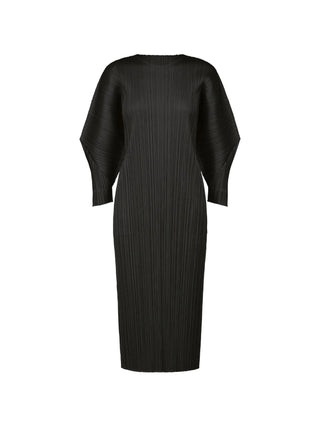 Pleats Please Issey Miyake black pleated midi dress with round neck, pointed sleeves and side pockets, relaxed fit, available at our Lisbon store.