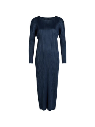 Pleats Please Issey Miyake dark navy pleated midi dress with round neck and long sleeves, easy modern fit, available at our Lisbon store.