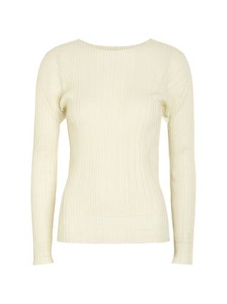 Pleats Please Issey Miyake white plissé long-sleeve top with boat neck and slim fit. Lightweight and sculpted. Available at our Lisbon store.