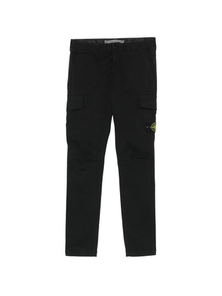 Stone Island logo-patch cargo pants in stretch cotton. A tapered fit with elasticated cuffs and  iconic removable compass badge. Available at our Lisbon store.