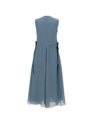 'S Max Mara sleeveless drawstring dress in ramie. Crew neck, flared hem, and flattering waist-defining tie. Italian elegance available at our Lisbon store. 