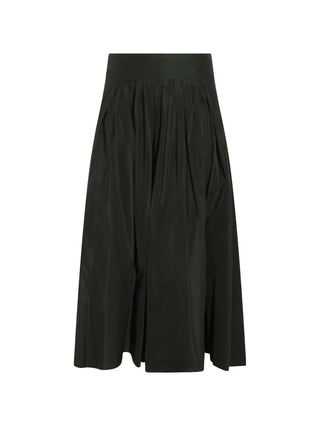 'S Max Mara pleated A-line skirt in dark green taffeta. High-waisted, concealed zip, and side slit pockets. Italian-made volume. Available at our Lisbon store.