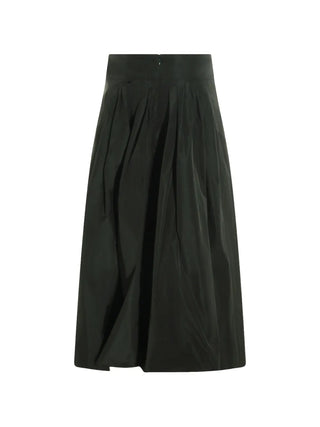 'S Max Mara pleated A-line skirt in dark green taffeta. High-waisted, concealed zip, and side slit pockets. Italian-made volume. Available at our Lisbon store.
