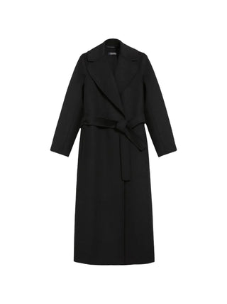 S Max Mara Poldo wrap coat in 100% pure virgin wool. Features a belted waist, notched lapels, side slit pockets, and silk-lined sleeves.
