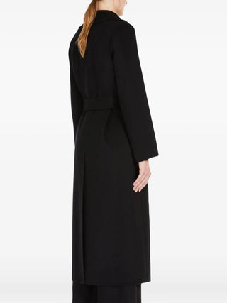 S Max Mara Poldo wrap coat in 100% pure virgin wool. Features a belted waist, notched lapels, side slit pockets, and silk-lined sleeves.