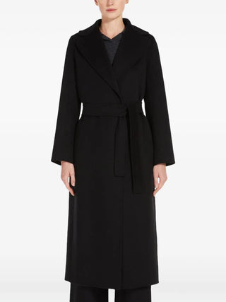 S Max Mara Poldo wrap coat in 100% pure virgin wool. Features a belted waist, notched lapels, side slit pockets, and silk-lined sleeves.