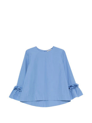 'S Max Mara Valzer blouse. Pure cotton poplin, round neck, long sleeves, and rear snap-button fastening. A wardrobe essential, available at our Lisbon store.