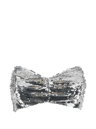 Simone Rocha silver sequin sculpt bandeau with structured strapless fit and hook-and-eye back. Statement evening piece available at our Lisbon store
