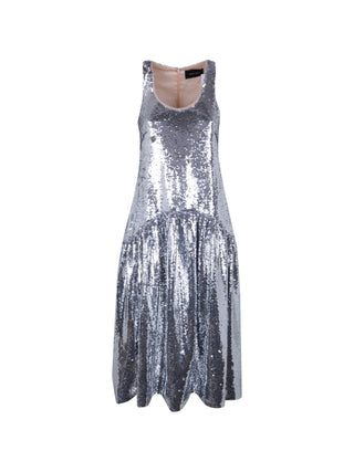 Simone Rocha silver sequin tapered back flounce dress with scoop neck. Elegant and modern, available at our Lisbon store.