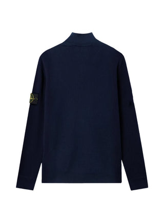 Ribbed cardigan with a high stand collar and zip fastening. Crafted from wool or cotton with the signature Stone Island badge on the sleeve. 