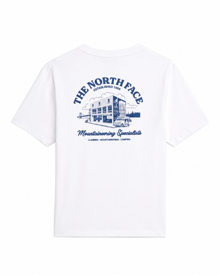 The North Face store graphic t-shirt. A nostalgic storefront print and front logo. Pure cotton, relaxed fit. Iconic style. Available at our Lisbon store. 