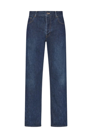 The Row Moe straight-leg jeans in faded blue cotton. A classic five-pocket style with a button fly, straight leg and contrasting topstitch. 