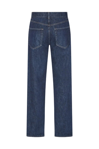 The Row Moe straight-leg jeans in faded blue cotton. A classic five-pocket style with a button fly, straight leg and contrasting topstitch. 