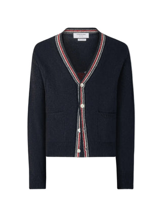 Hector Patchwork cardigan by Thom Browne. V-neck, button closure, and rear Hector jacquard. Crafted from a 70% wool, 30% mohair blend. 