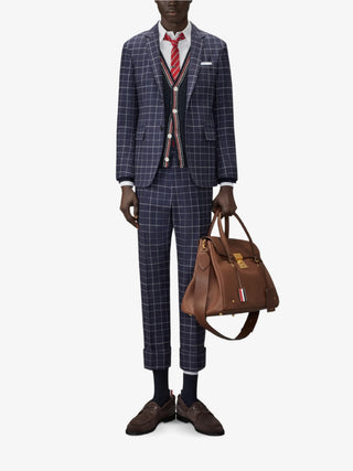 Hector Patchwork cardigan by Thom Browne. V-neck, button closure, and rear Hector jacquard. Crafted from a 70% wool, 30% mohair blend. 