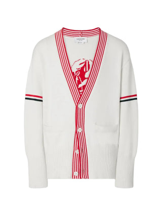THOM BROWNE lobster jersey stitch V-neck cardigan. Signature lobster intarsia at back, 4-Bar detail, and cotton jersey stitch. Available at our Lisbon store. 