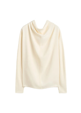 A cream-colored long-sleeve top with a draped cowl neckline, displayed against a light white background.