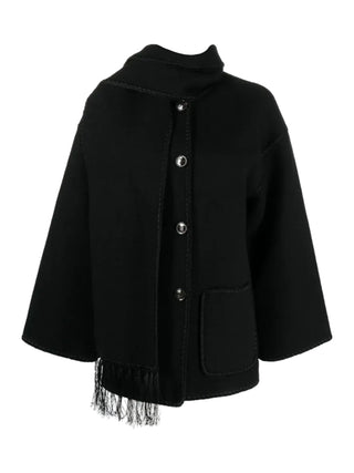TOTEME embroidered jacket in a wool blend with a scarf and tonal stitching. A boxy silhouette with drop shoulders, patch pockets, and a front button closure.
