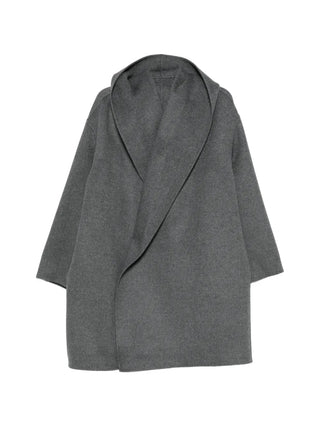 TOTEME grey wool hooded coat. A relaxed, oversized silhouette in 100% wool with an open front. Available at our Lisbon store. 