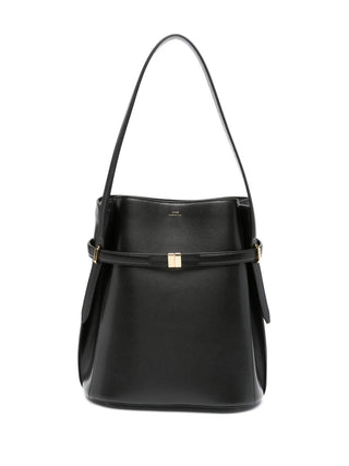 Black handbag with a gold clasp and shoulder strap