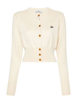 Vivienne Westwood Bea Cropped Cardi. Roomy cropped silhouette with a multi-coloured Orb embroidery and amber button fastenings. Available at our Lisbon store. 