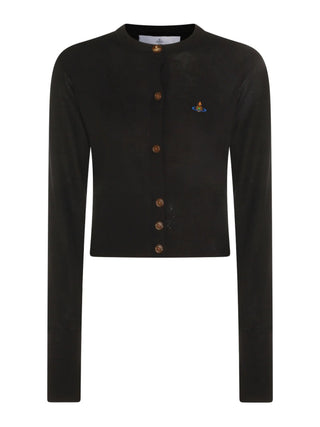 Vivienne Westwood Bea cropped cardigan in a soft organic cotton-cashmere blend. Features signature multicoloured Orb embroidery and amber buttons.