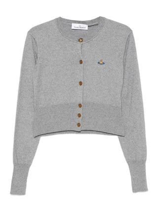 Vivienne Westwood Bea Cropped Cardi. Cropped knit with iconic Orb embroidery and signature amber buttons. A modern staple. Available at our Lisbon store.
