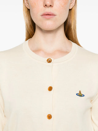 Vivienne Westwood Bea Cropped Cardi. Roomy cropped silhouette with a multi-coloured Orb embroidery and amber button fastenings. Available at our Lisbon store. 