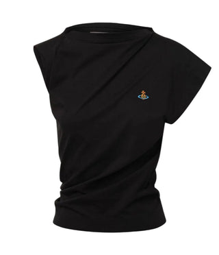 Vivienne Westwood Hebo top in soft organic cotton. Features the signature orb embroidery, slash-inspired boat neck, and asymmetric sleeves. 