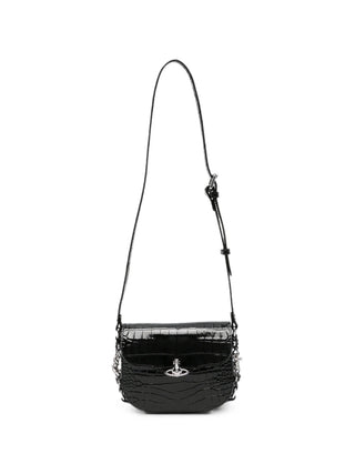 Vivienne Westwood Hunter Flap crossbody. Croc-embossed leather with silver-tone bas-relief Orb plaque. Compact with chain strap. Available at our Lisbon store. 
