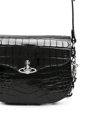 Vivienne Westwood Hunter Flap crossbody. Croc-embossed leather with silver-tone bas-relief Orb plaque. Compact with chain strap. Available at our Lisbon store. 