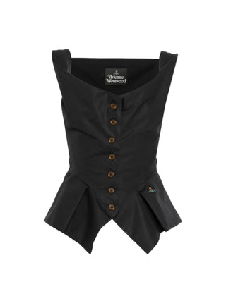 Monday vest with a long-line silhouette, fitted waist, and wide shoulder straps. Features a front button placket and small embroidered Orb logo. 