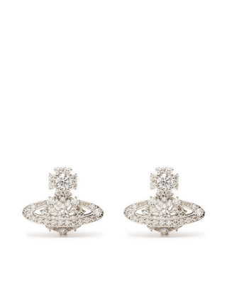 Vivienne Westwood Narcissa studs. Iconic Orb design in platinum-plated silver with cubic zirconia detailing. Available at our Lisbon store.