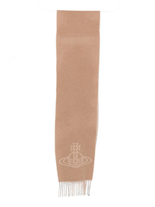 Vivienne Westwood Orb-motif scarf. Rectangular silhouette with long fringed edges and tonal stitching. Embroidered signature detailing on 100% wool.