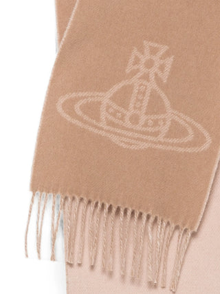 Vivienne Westwood Orb-motif scarf. Rectangular silhouette with long fringed edges and tonal stitching. Embroidered signature detailing on 100% wool.