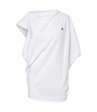 Vivienne Westwood oversized Hebo top. Single-shoulder draping with an asymmetric finish and embroidered Orb. 100% cotton. Available at our Lisbon store.
