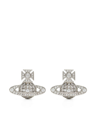 Vivienne Westwood Carmela Bas Relief earrings. Iconic Orb motif set with cubic zirconia crystals in platinum-plated brass. Available at our Lisbon store.