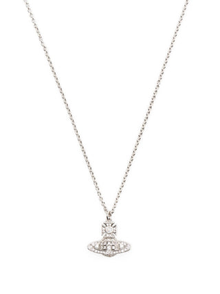 Carmela Bas Relief pendant in silver-tone brass with crystal embellishments. Features the signature two-dimensional Orb motif and adjustable chain.