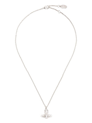 Carmela Bas Relief pendant in silver-tone brass with crystal embellishments. Features the signature two-dimensional Orb motif and adjustable chain.