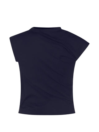Vivienne Westwood Hebo gathered T-shirt in navy. Asymmetric draped design with signature embroidered Orb motif at the chest. Organic cotton. 