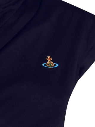 Vivienne Westwood Hebo gathered T-shirt in navy. Asymmetric draped design with signature embroidered Orb motif at the chest. Organic cotton. 
