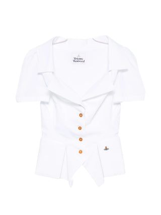 Vivienne Westwood Monday shirt. Origami-like neckline folds, puffed shoulders, and a signature multi-coloured Orb at the hip. Available at our Lisbon store.